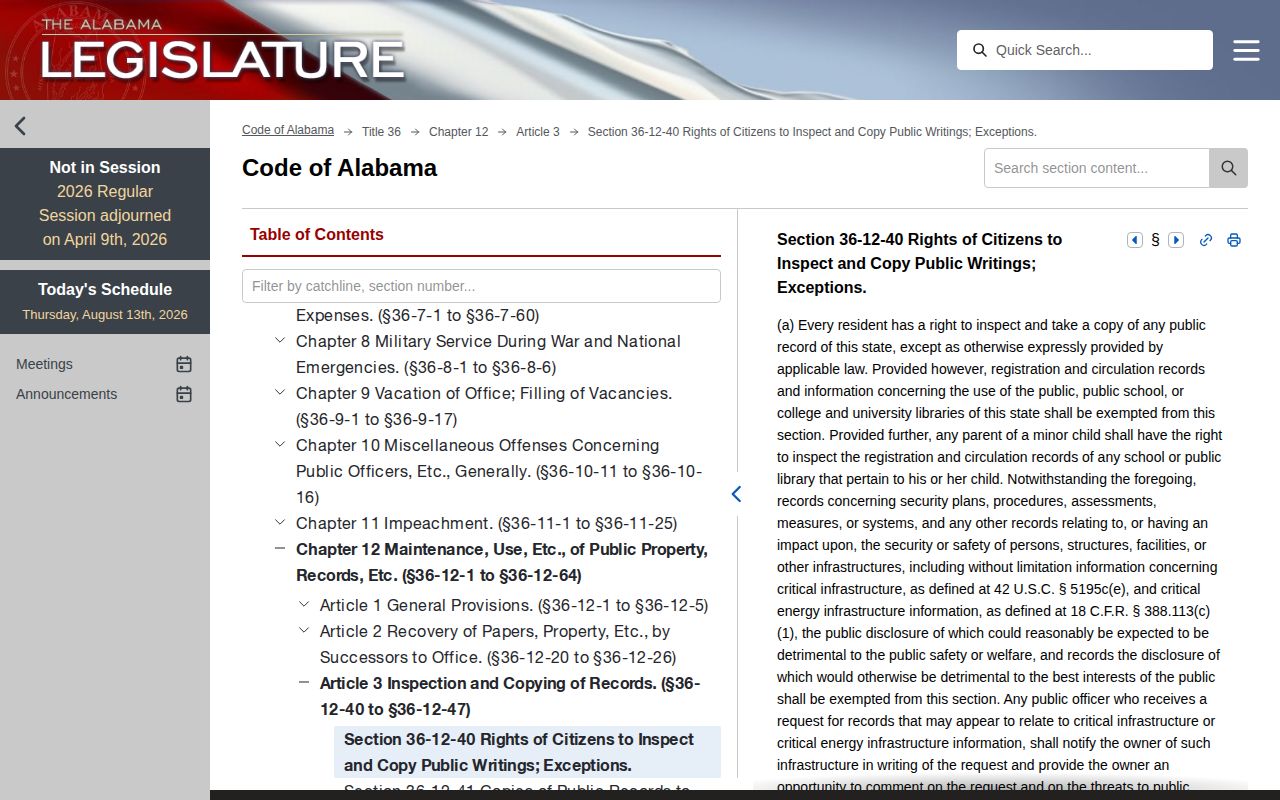 Alabama public-record law for Covington County booking records
